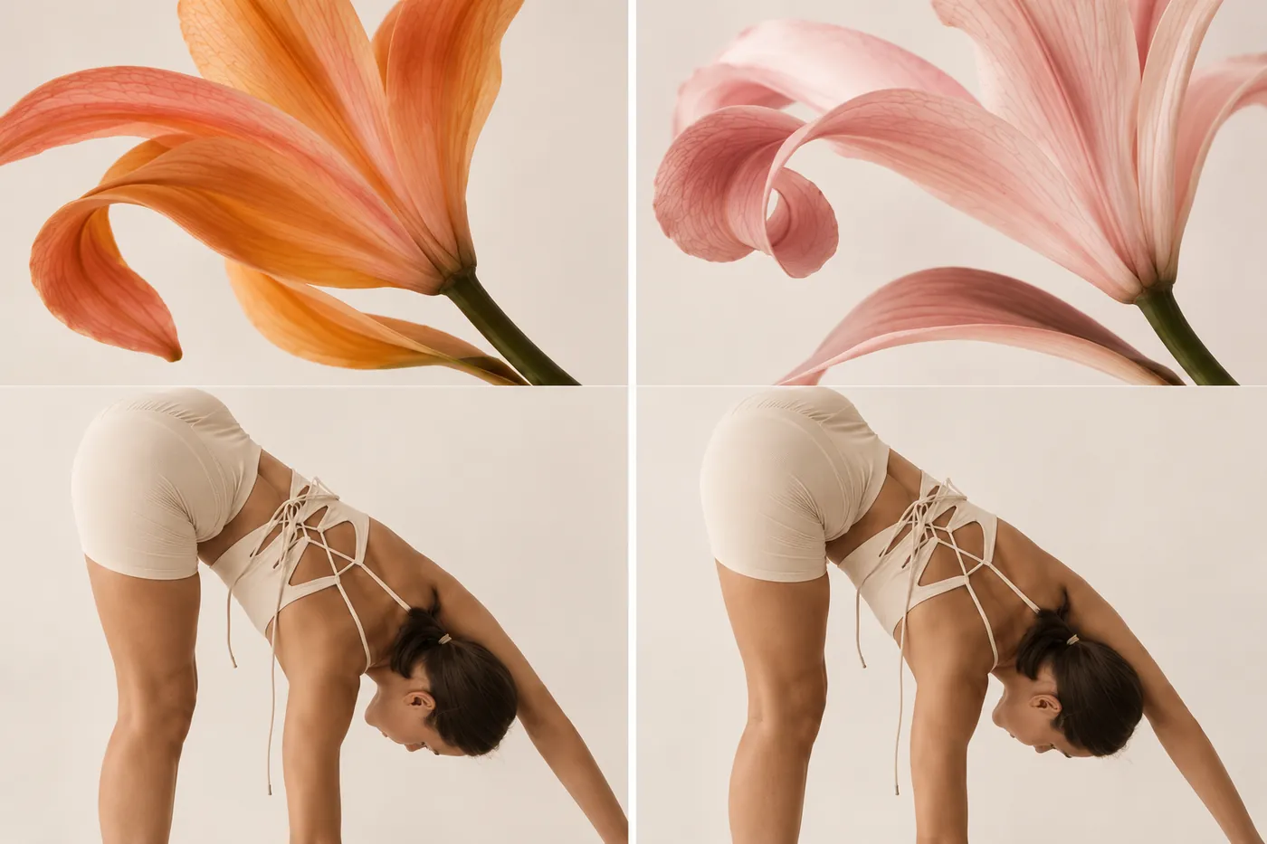 Pilates-Übung vor Lilien, Bildsprache von Aware
