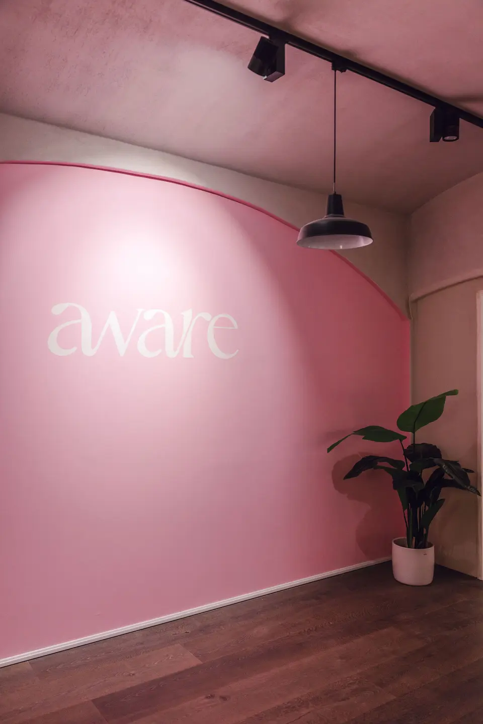 Rosa Wand mit Aware-Schriftzug im Studio 1190
